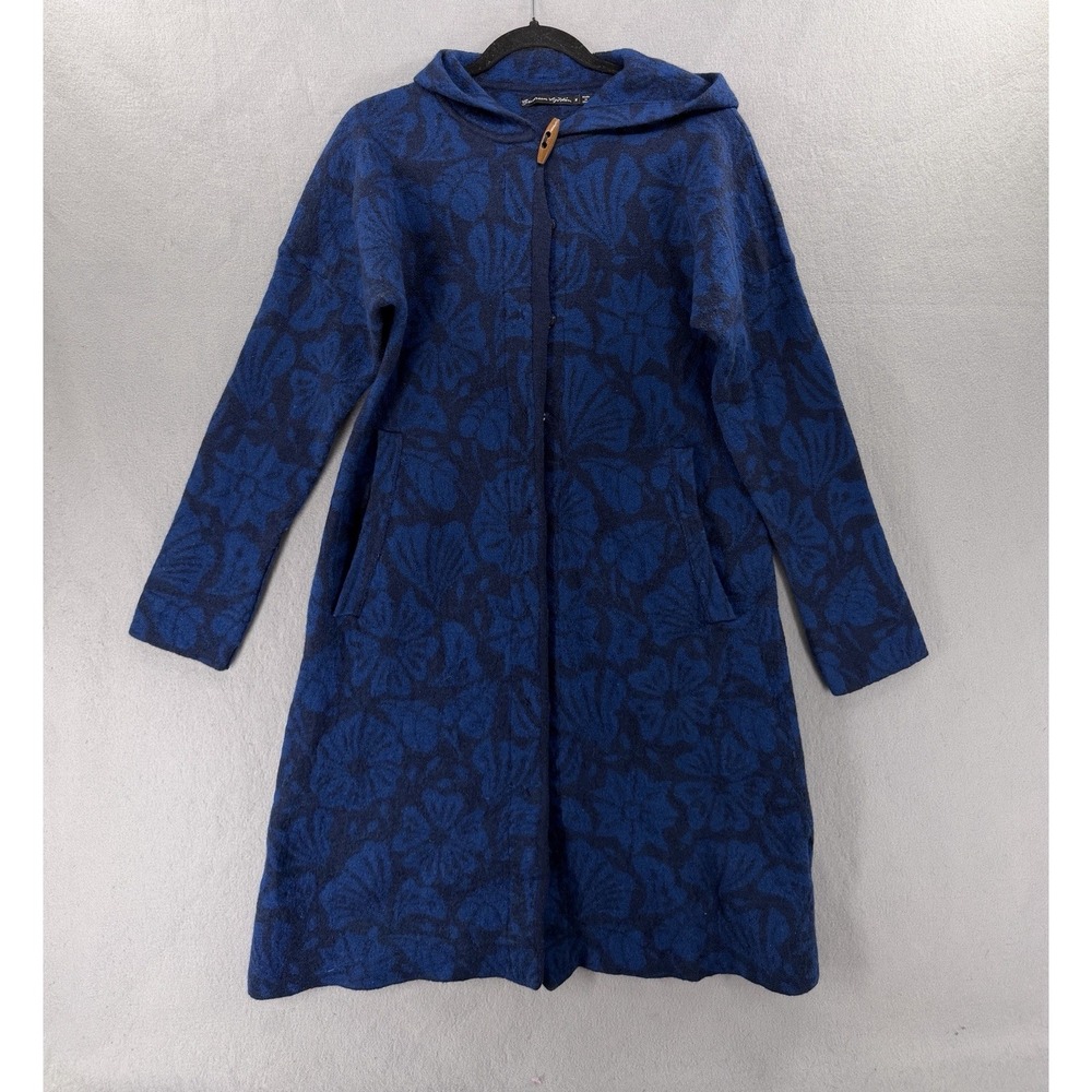 Gudrun Sjoden Coat Womens M Blue Black 100% Wool Hooded Lagenlook Long Artsy